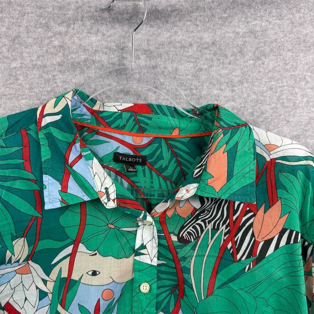 Talbots Women's Cotton Jungle Print Blouse Green Long Sleeve Size Large - Picture 2 of 10